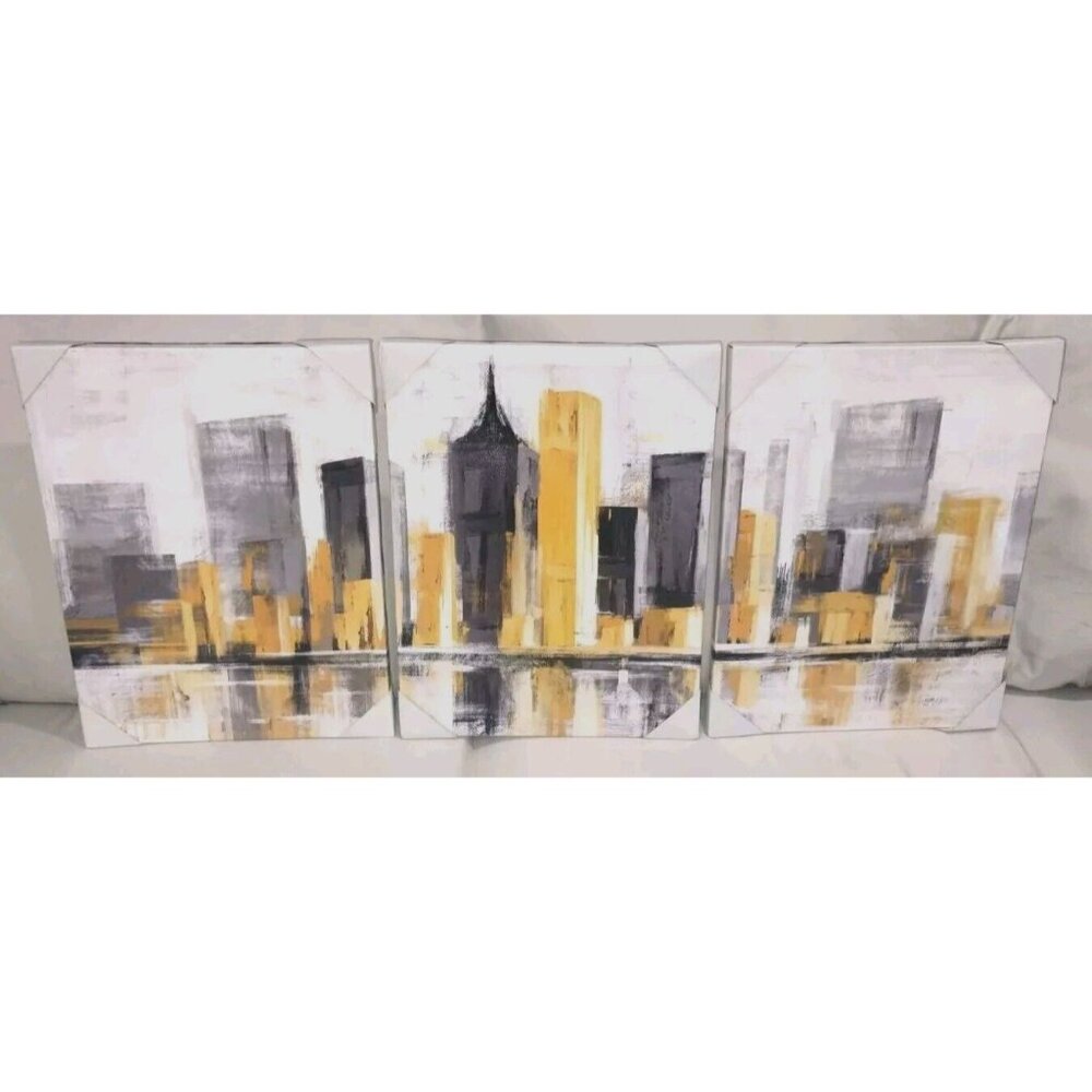 3 Panel Wall Art Canvas. Each Panel 16x12x0.75 Inch. Blacks, Grays, Yellows.